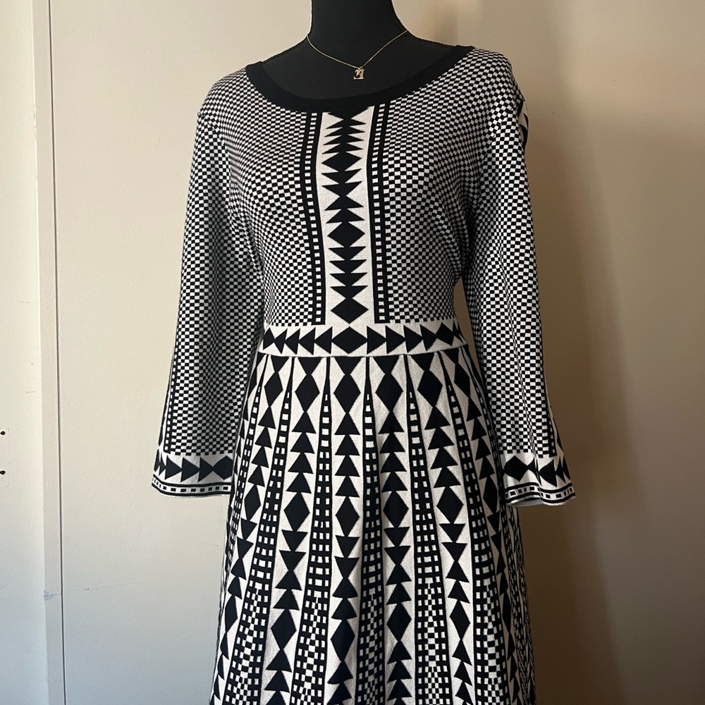 Nina Leonard geometric print sweater dress.